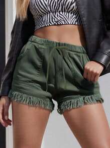 Womens Washed Denim Shorts, Casual Drawstring Elastic Waist Frayed Hem Loose Short Jeans