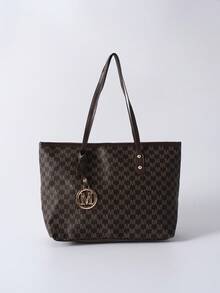 Un bolso de mano de gran capacidad con estampado de letras de moda para otoño e invierno. Apertura con cremallera, minimalista y ligero, con colgante de herraje. Adecuado para el uso diario casual, ir al trabajo y para estudiantes. Regalo de Navidad de invierno - Café integral - Ver 4