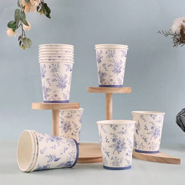 10pcs/20pcs/40pcs/Set, Blue Flower Paper Cup 9oz Disposable Pink And White Printed Chinese Drinking Cup For Hot And Cold Drinks, Bridal Shower Birthday Party Supplies
