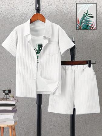 2 confezioni Set di camicia tessuta con righe jacquard e pantaloncini con tasche, vestibilità ampia, per ragazzo preadolescente