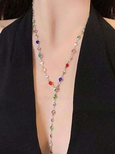 1 pieza / Collar largo de metal multicapa con cadena de clavícula de cristal de color temperamento. Collar colgante largo simple adecuado para uso diario de mujeres, adecuado como regalo para amigos. Color de diamante de color en orden aleatorio, estilo bohemio.