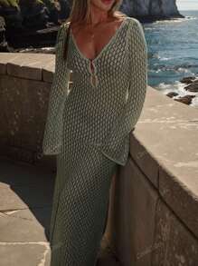 Spring-Summer Crocheted V-Neck Backless Ruched Waist Bodycon Dress For Holiday,Beach Vacation