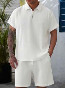 Conjunto informal de 2 piezas de hombre con polo de cuello de collar de tejido jacquard de manga corta + pantalones cortos con cordón