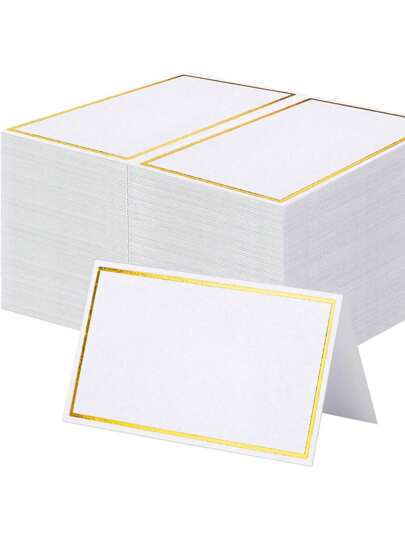 50pcs Dining Table Name Place Cards, Small Table Cards With Gold Foil Borders, Wedding Reception Seating Labels, Escort Cards, Tent Cards, Folding Wedding Cards, Table Cards, Thank You Cards, Food Station Tags, Unique Textured Place Cards For Birthday Party, Bridal Shower, Anniversary Party, Product Labels