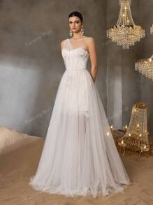 Faeriesty Elegante vestido de novia clásico con escote corazón de un hombro, intrincado corpiño de encaje y falda de tul fluida - Vestido de boda romántico para ceremonias en iglesia, jardín, playa y salón de baile