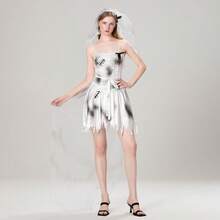 Women Corpse Bride Costume, Scary Bride Costume, Zombie Bride Dress With Headband And Mesh Trailing, Halloween Costumes - White - View 2