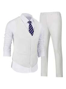 男士西装两件套绅士修身纯色单排扣马甲裤套装男士商务舞会派对婚礼象牙白尺码 XS-3XL
