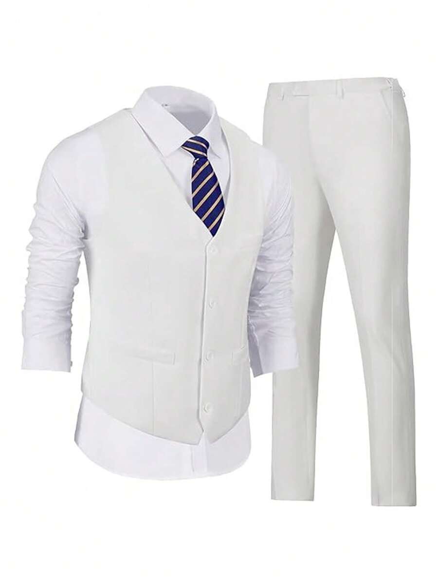 男士西装两件套绅士修身纯色单排扣马甲裤套装男士商务舞会派对婚礼象牙白尺码 XS-3XL