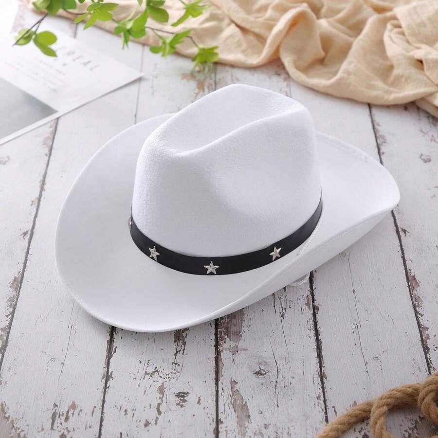 Kids Cowgirl Hat Wide Brim Stylish Star Leather Belt Design Western Cap For Daily Life Party - 白色 - 查看 1