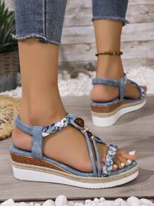 Damen Sandalen mit dicker Sohle, Perlen und Strass, bohemian Offene Zehenpartie, Plateau-Absätze. Kombiniert mit elastischem Schlupf-Design, mittlerer Absatz, komfortable Plateausohle, leichtes geflochtenes Seil, römische Sommer-Strandssandalen, geeignet für den Sommer