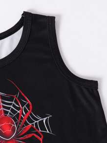 2 pièces/ensemble T-shirt sans manches avec imprimé graphique d'araignée doux et mignon, et short. Tenue décontracté et sportive pour garçons tout-petits, cadeau génial pour l'été