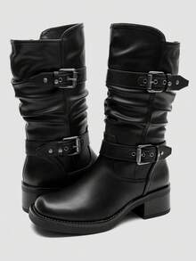 GLOBALWIN Women's Motorcycle Boots Fall Fashion Mid Calf Boots For Women Square Toe Low Heel Fall Boots Halloween Season - 黑色 - 查看 1