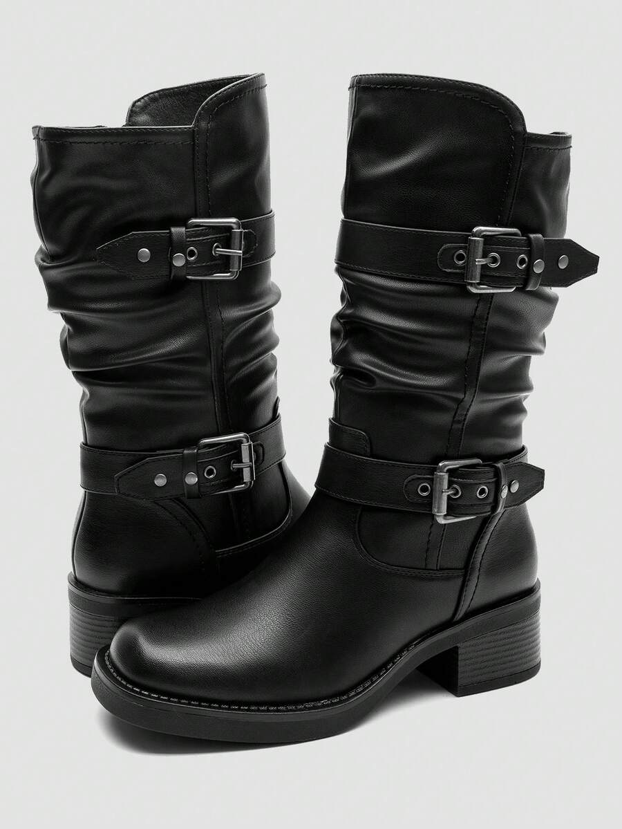 GLOBALWIN Women's Motorcycle Boots Fall Fashion Mid Calf Boots For Women Square Toe Low Heel Fall Boots Halloween Season - 黑色 - 查看 1