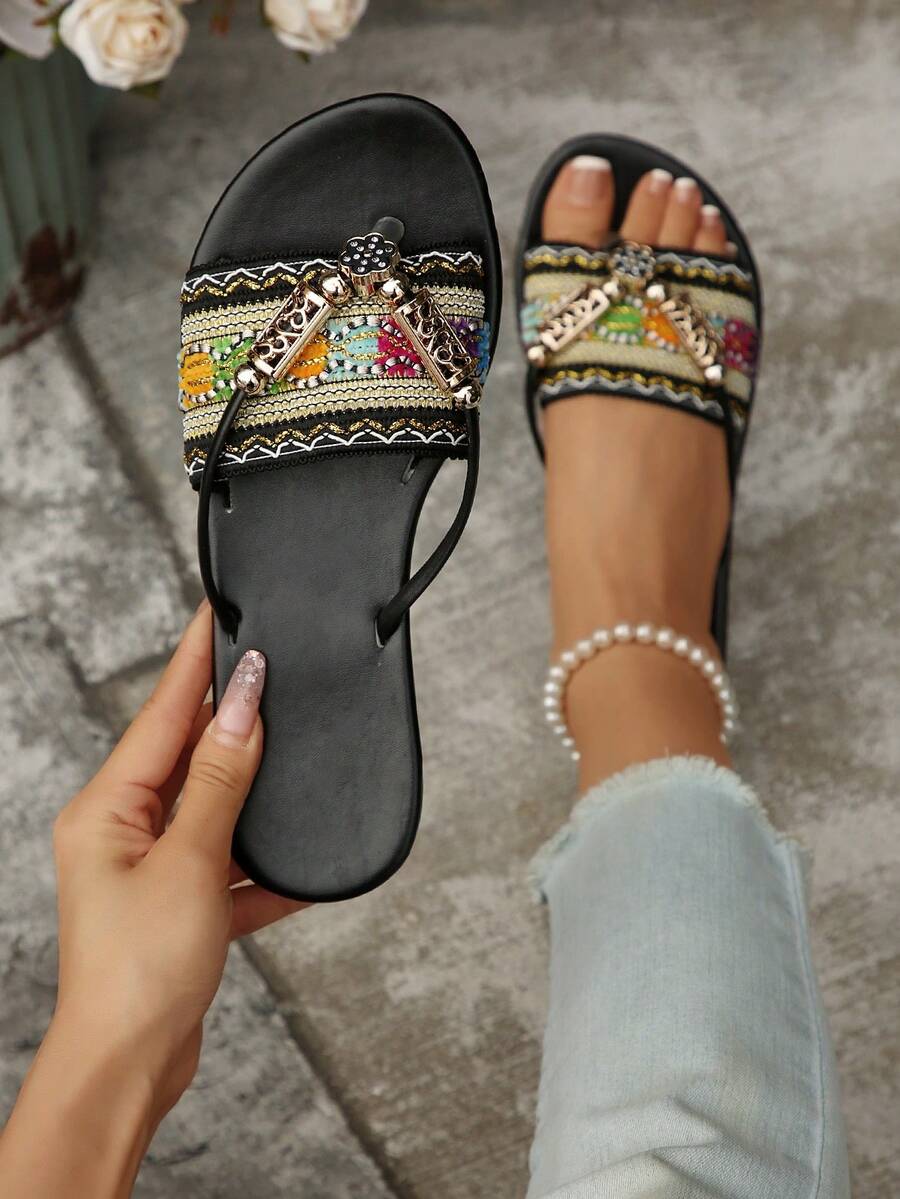 Damskie losowo drukowane retro boho haftowane koralikowe klapki, modne wakacje na plaży impreza w pomieszczeniach swobodne, wiosna/lato