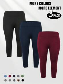 3件套加大码女式七分紧身裤 - 弹力高腰氨纶运动瑜伽裤，七分紧身短裤，加大码夏季紧身裤 - 彩色 - 查看 3