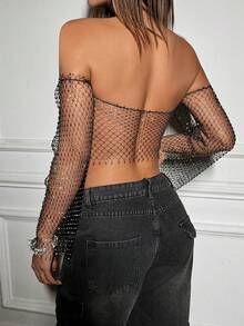 女士水钻网眼渔网上衣，性感透视设计，适合酒吧、派对、音乐节 - 彩色 - 查看 4