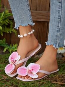 2025 New Floral Beach Slippers, Flat Ladies Comfort Vacation Sandals, Plus Size Women Casual Outdoor Slip-On Slippers,Spring Summer Outfits - Baby Pink - View 3