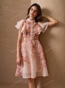 Elegant Romantic Floral Printed Half-Button Decorative Belt Vacation Style Dress For Women