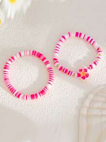 2 件/套波西米亚风格手工陶瓷串珠花手链，渐变小花夏季海滩度假多巴胺手链，适合休闲、约会、旅行穿着，手工陶瓷花，尺寸、形状和颜色随机 - 玫紅色 - 查看 4