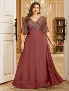 UNITHORSE Plus Size Elegant V-Neck Ruffle Sleeve Sequin Patchwork Chiffon Ruffle Hem Maxi Dress, Suitable For Party, Wedding Guest, Formal Occasion, Gala, Bridal Shower, Graduation Ceremony And More Spring - 紅木色 - 查看 1