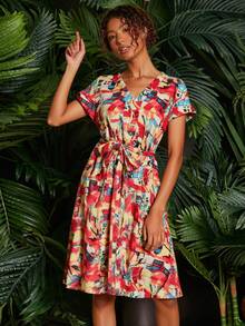 Vestido dama mujer midi cuello v manga corta estampado colores - Multicolor - Ver 1