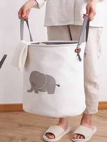 1pc Extra-Durable Elephant Print Laundry Basket - Versatile Storage For Clothes, Toys & More - Round Organizer For Bedroom, Bathroom, Living Room, Laundry Baskets - White - View 5