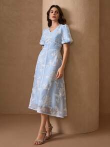 Đầm nữ mùa hè thanh lịch với cổ áo viền hoa trang trí cầu kỳ. - Màu xanh nhạt - Xem 5