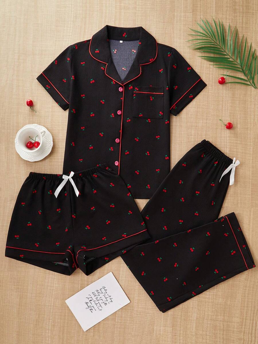 3pcs Women Cherry Pattern Pocket Decorated Short Sleeve T-Shirt, Shorts And Pants Pajamas Suit, Suitable For Spring - Black - View 1
