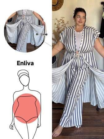 Enliva Damen gestreiftes Kleid mit Kordelzug und weite Hose 2-teiliges Set, Große Größen, Frühling/Sommer