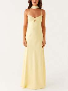 Women Y2k Maxi Dress With Scarf Sets Spaghetti Strap V Neck Tie Back Cutout Bodycon Long Dress Sleeveless Backless Elegant Going Out Cami Dresses Beach Cocktail Party Sundress - 黃色 - 查看 4