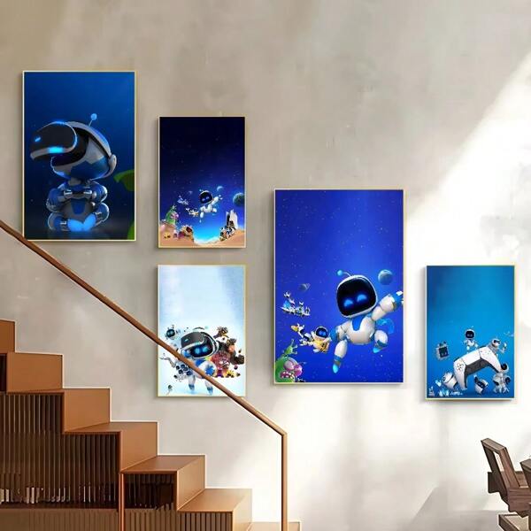 1 Pieza Póster de arte de pared con opción de marco Cartel de dibujos animados de Astrobots Juego Impresión de arte de pared del pasillo Decoración impermeable para el hogar, sala de estar, dormitorio