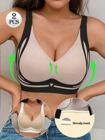 2pcs Black & White Clasp Closure Contrast Colored Bras, Comfortable Breathable Semi-Padded Push-Up Sports & Yoga Bras For Women