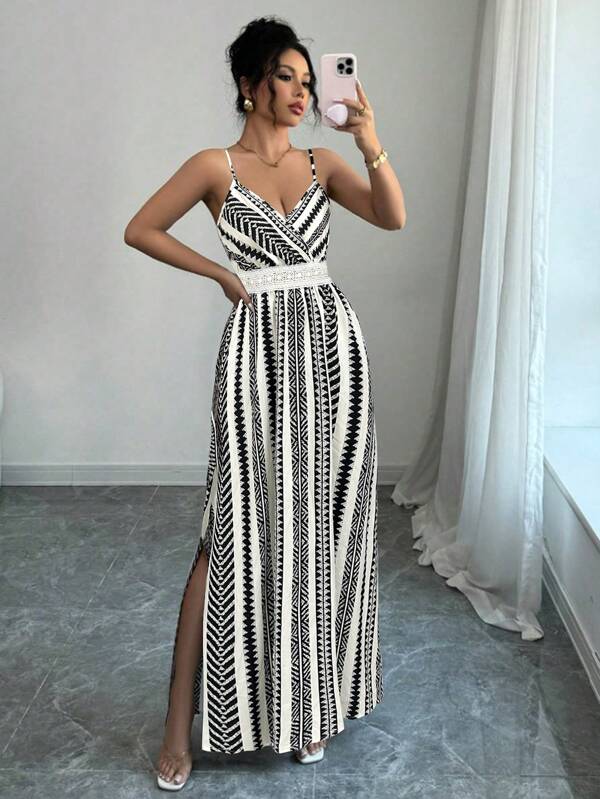 Mouwloze bandjes resort casual jurk, strepen kleurblok split casual bohemian elegant rugloos