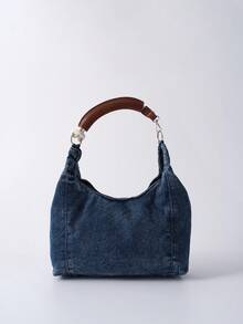 Women's Fashionable Tote Bag With Distinctive Wooden Handle Design, Chic And Versatile, Large Capacity Denim Effect With Elegant Feel, Suitable For Going Out, Dates, Photography, Commuting, Work, Office Daily Use Winter Gifts - Blue - View 6
