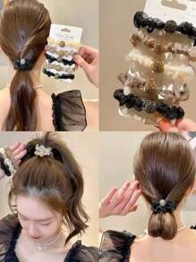 10pcs Rhinestone Mesh Hair Scrunchies, Vintage Elegant Hairbands, High Elasticity Side Braided Ponytail Holders For Women