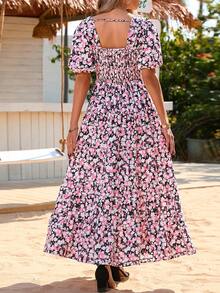 Women's Dress, Puffed-Sleeve Floral Casual Summer Dress, Pleated Back, Beach Flowing, Layered Long Sundress - 黑底粉花色 - 查看 2