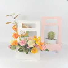 1 pieza Caja de regalo con plantas verdes y flores de color beige, Caja de regalo con planta en maceta blanca, Bolsa plegable de color rosa, Arreglo floral de rosa y clavel como empaque de regalo