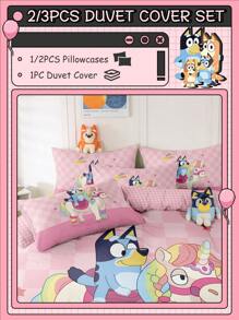 Bluey Juego de funda nórdica de 2/3 piezas con estampado de Bluey y unicornio, juego de ropa de cama acogedor y transpirable, piel amigable y cómodo, juego de edredón estilo dibujos animados, suave y anti-pilling, adorable textil para el hogar, decoración de la habitación de Bluey, de vuelta a la escuela