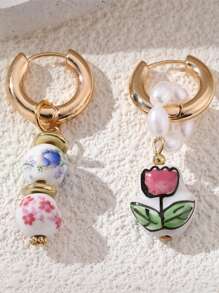 2 buc Cercei ceramici cu fluture și flori, cu mărgele, primăvară/vară, picătură de ulei cu perle artificiale, multicolori, potriviți pentru exterior, plajă, naveta, accesorii de zi cu zi