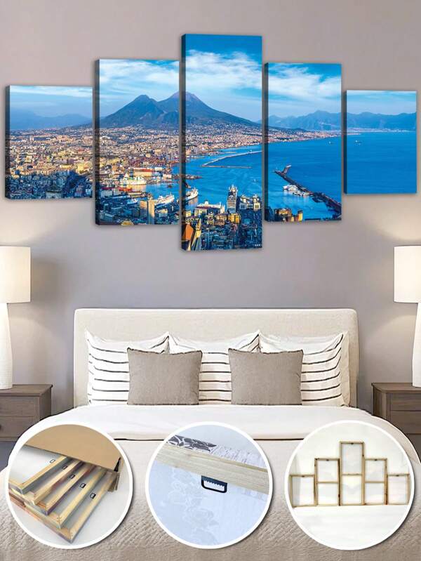 1/5pcs Art Deco Classic Framed Canvas Wall Art Set - Breathtaking Naples & Mount Vesuvius Panorama, Wood Framed,Vesuvius In The Background At Sunset In A Summer Day, Italy, Campania,Versatile Indoor & Outdoor Decor For Living Room, Bedroom, Office, Bathroom, Dining Room - Ready To Hang