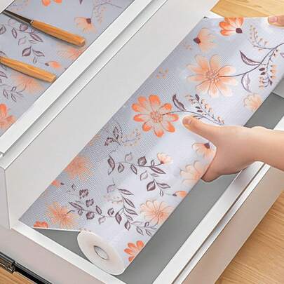 1 Roll, Floral Printed Drawer Liners, Washable EVA Drawer Mats, Waterproof And Oil-Proof Cupboard Liner, Non Adhesive Fridge Liner, Cabinet Liners For Kitchen, Drawer, Refrigerator, Shelves Protector, Shelf Paper, Shelf Liners