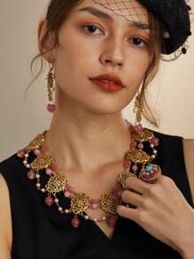 Conjunto de joyería nupcial con enchapado en bronce vintage, accesorios de compromiso, borlas multicapa, collar de piedra natural rosa dulce hecho a mano con cuentas y perlas falsas, aretes y anillo