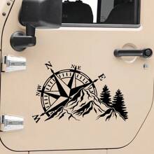 1 Pc Compass Mountain Forest Vinyl Decal, Waterproof Traveling Adventure Style Sticker For Off-Road Vehicle RV Camper Trailer Caravan