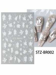 2pcs Elegant White Magnolia 3D Nail Stickers - Self-Adhesive Five-Petal Flower Decals, Suitable For DIY Wedding And Party Nail Art, Glitter Effect, Single-Use - White - View 6