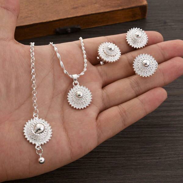 4pcs/Set Silver Color Simple Classic Sphere Jewelry Set: Earrings, Ring, Necklace, Headchain, Middle Eastern Daily Women Accessories Set, Birthday Party Festival Gift