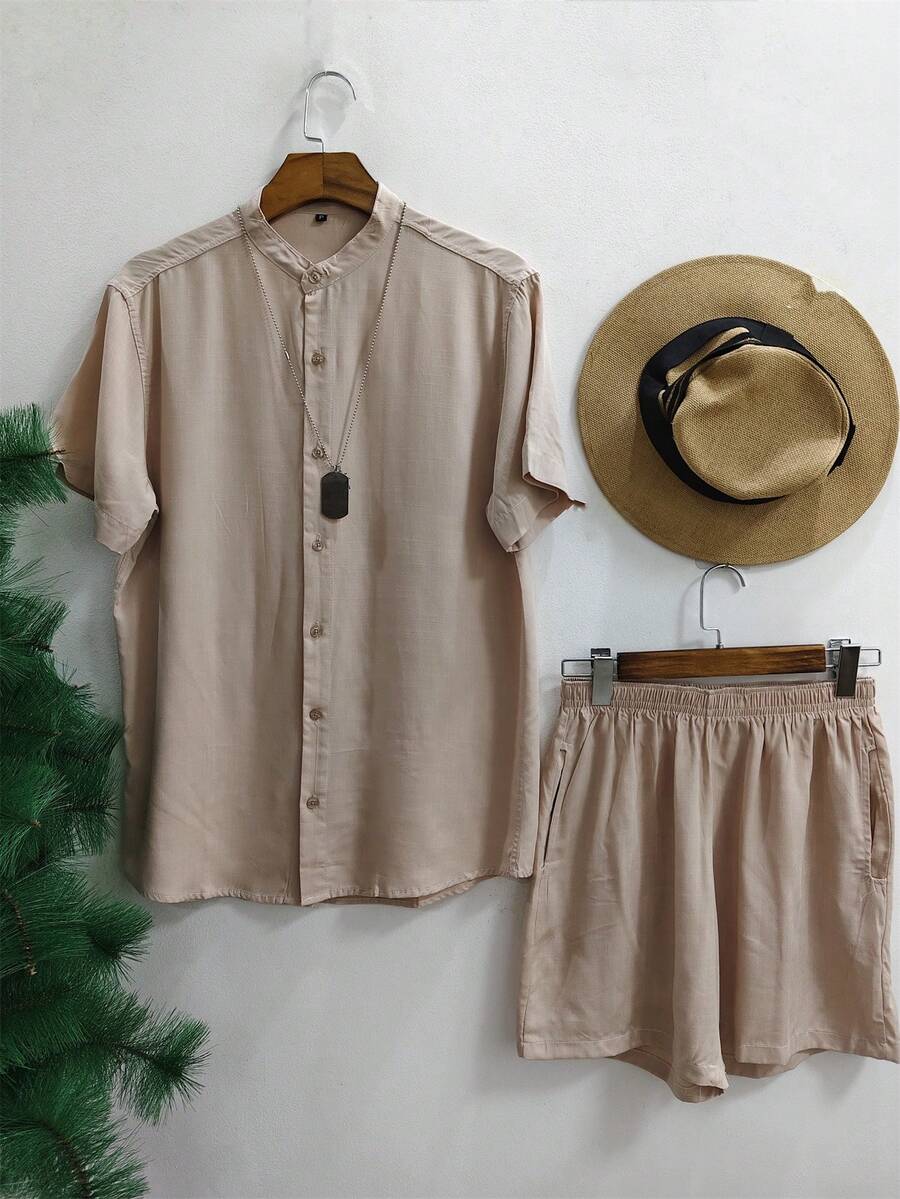 Short Sleeve Priest Collar Shirt And Plain Shorts Set For Men Adults 100% Viscose Fabric With Elastane Shrinks A Little - 卡其色 - 查看 1