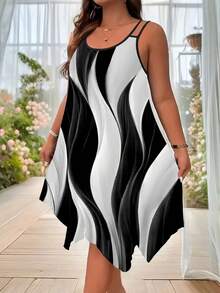 Đầm hai dây dáng rộng dành cho nữ, họa tiết kẻ sọc, vạt bất đối xứng, màu đen, thích hợp cho kỳ nghỉ hè, kiểu dáng thanh lịch. - màu đen - Xem 2