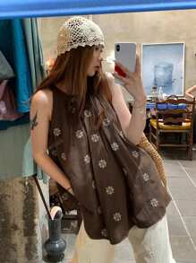 Women's Sleeveless Embroidered Halter Neck Tank Top, Casual Summer