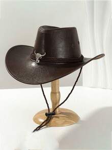 Un conjunto de ropa para mujer, hombre y pareja, sombrero de vaquero occidental, de tela de piel, con acabado desgastado, decoración de metal con toro, apropiado para eventos temáticos, bailes festivos, fiestas de cumpleaños, juegos de roles, actividades al aire libre y uso diario - Multicolor - Ver 2