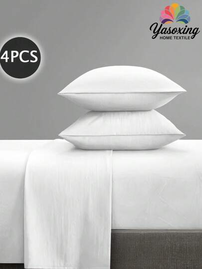 4pcs/Set Plain White Sheet Set Easy Care Brushed Microfiber Soft Bedding Set Fitted Sheet Set (1pc Flat Sheet+1pc Fitted Sheet+2pcs Pillowcases) Solid Color Fitted Sheet Set King Queen Full TWIN SIZE Sheet Deep Pocket Up To 11.8 Inch Pillowcase, Soft Breathable Wrinkle-Free Better For Sleep, Luxury Hotel Style, Gift For Mom Dad Friend Domitory Bedding Back School Bedding